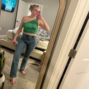 Green Satin One Shoulder Top